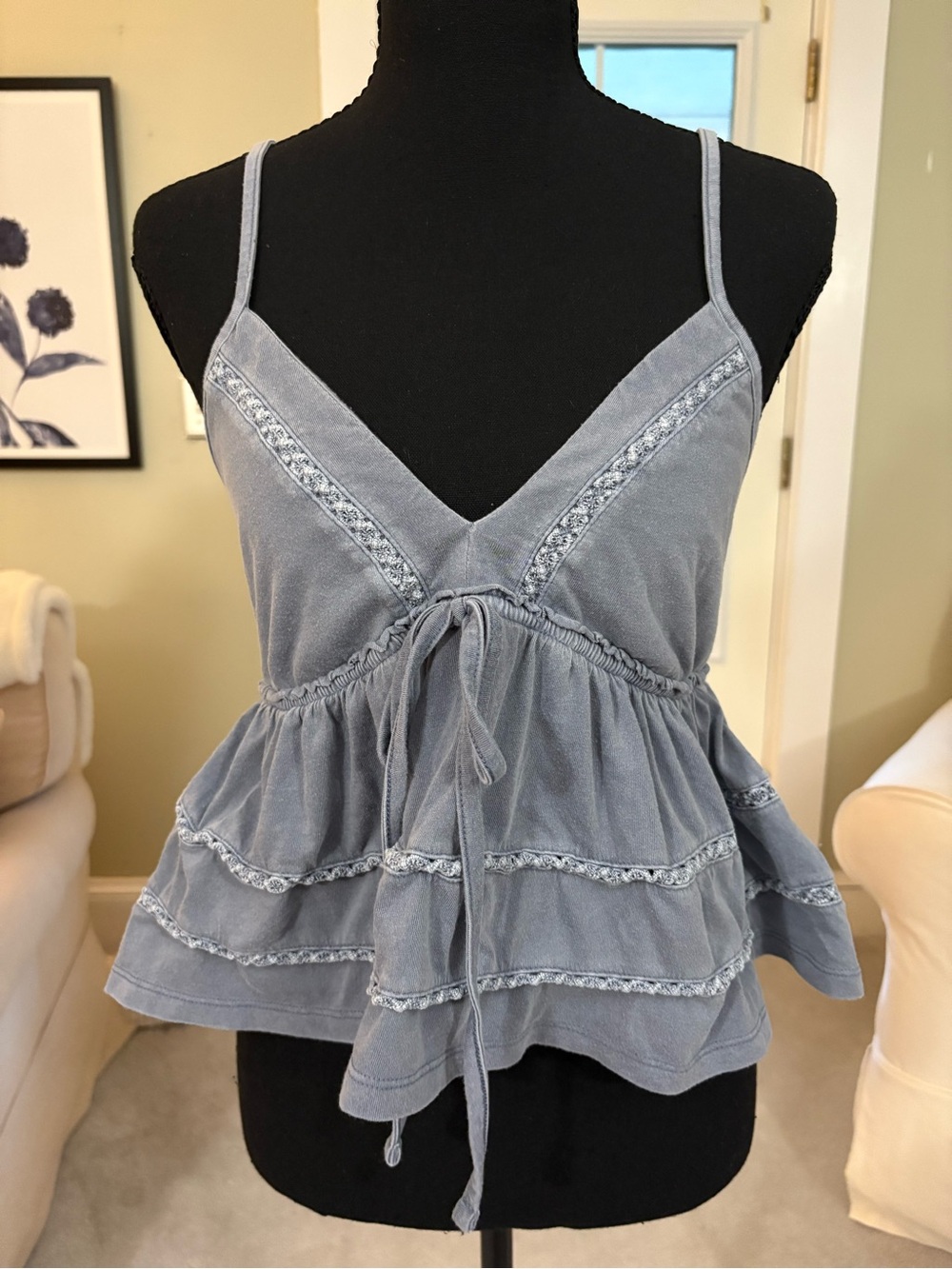 SO Dusty Blue Crochet-Trim Peplum Cami Tank